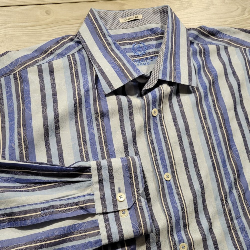 BUGATCHI UOMO Men's Sz XL Shaped Fit Blue Print Long Sleeve Dress Shirt Paisley